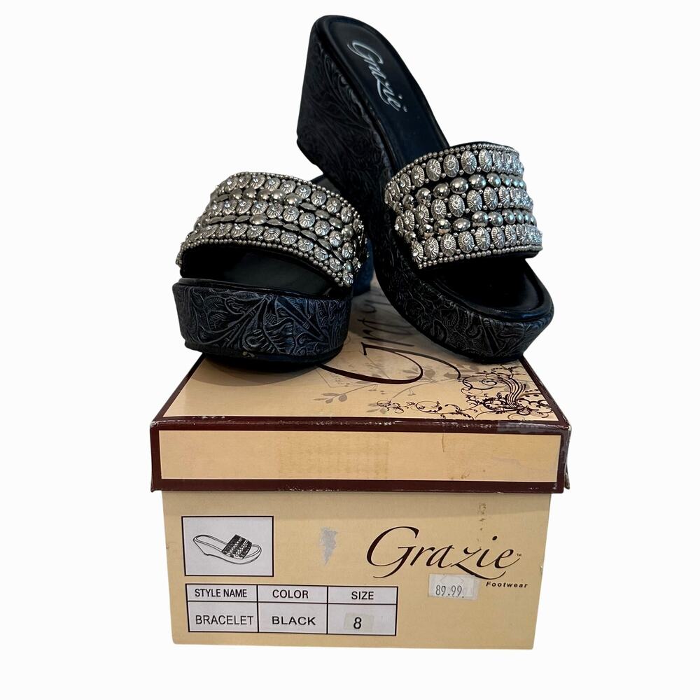 Grazie Bracelet Black Slide on Wedge Shoes, Size 8 Excellent Condition